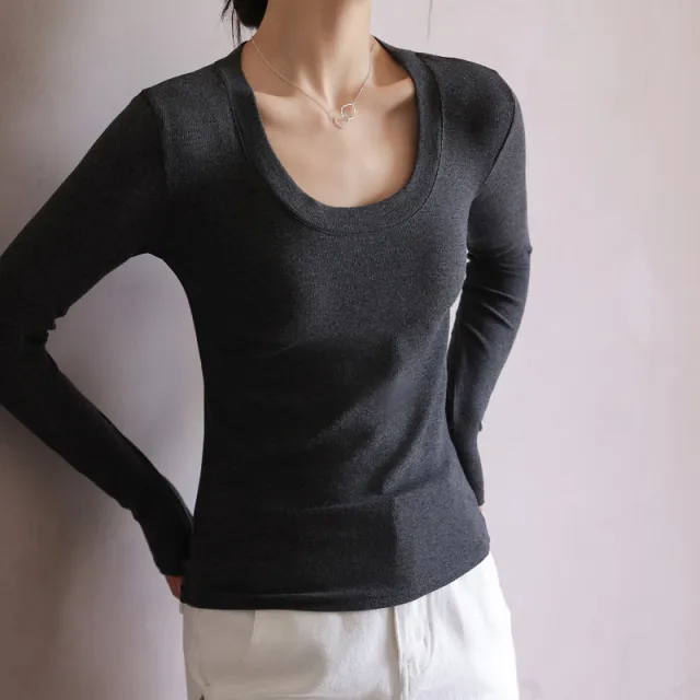Thread Modal Solid Color Large Round Neck Long Sleeves Base Shirt Dark Gray - Shop at LoveMi