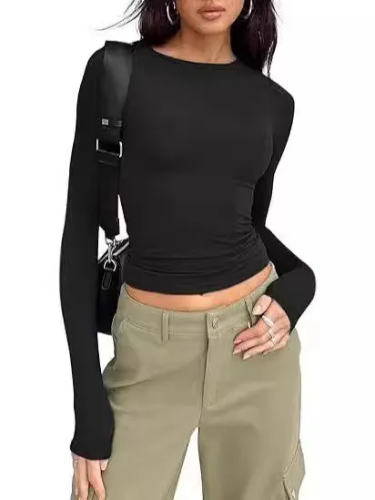 Women's Round Neck Long Sleeve T shirt Top Black - Shop at LoveMi