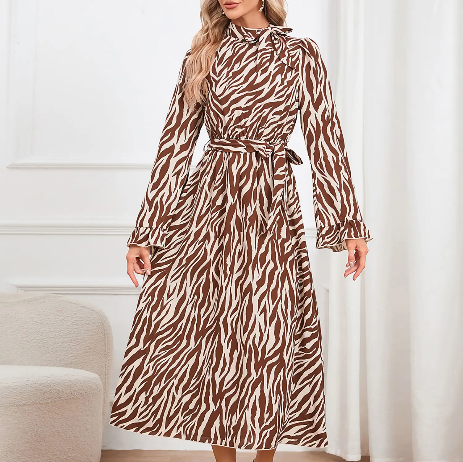 Women's Slim Fit Elegant Flare Sleeve Stand Collar Dress