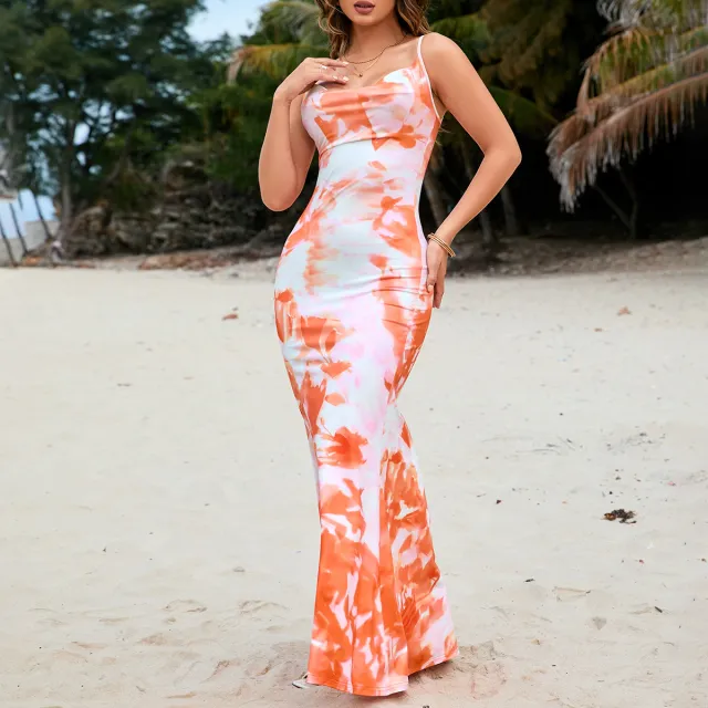 Women's Printed Pile Collar Backless Dress Orange Printed - Shop at LoveMi