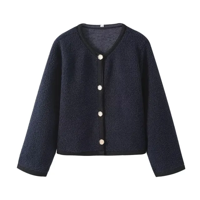 Autumn And Winter Women's Solid Color Knitted Cardigan Short Woolen Coat Navy Blue - Shop at LoveMi