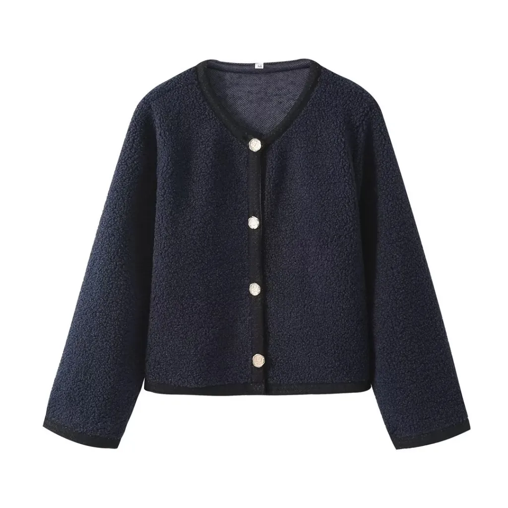 Autumn And Winter Women's Solid Color Knitted Cardigan Short Woolen Coat - Navy