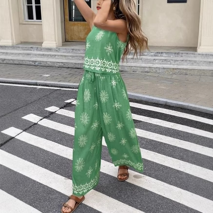 Printed Crew-Neck Sleeveless Tank Top And Pants Two-Piece Set