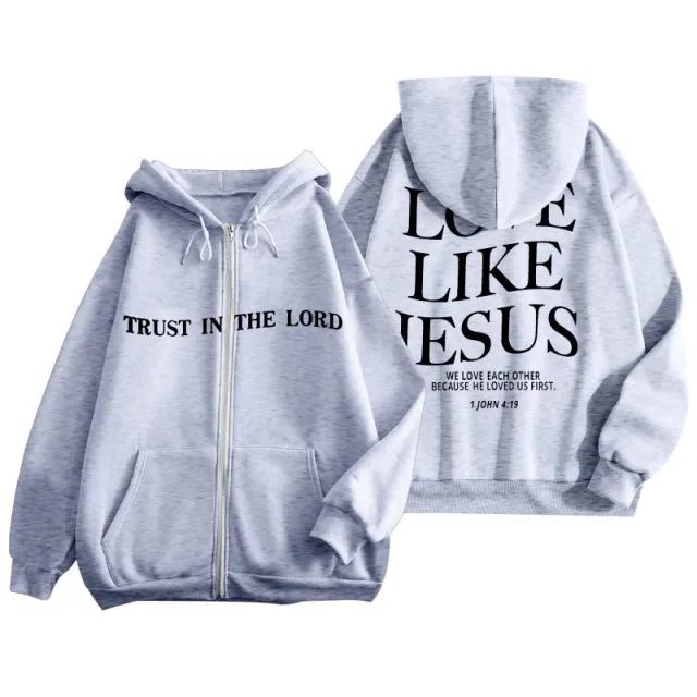 Printed Zipper Hooded Sweater Warm Jacket Gray - Shop at LoveMi