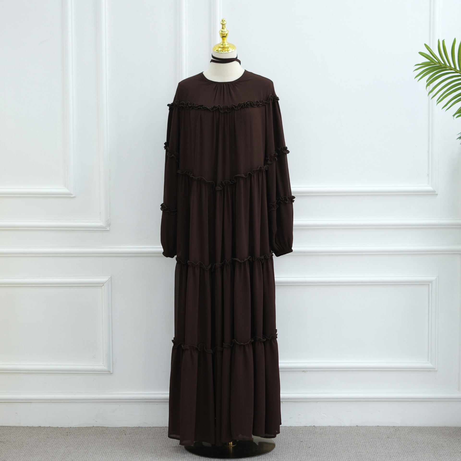 Lace-Trim Long-Sleeve Tiered Maxi Dress — product details and sizing image 13