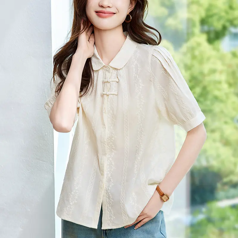 Apricot Embroidered Shirt Short Sleeves Knot Buttons