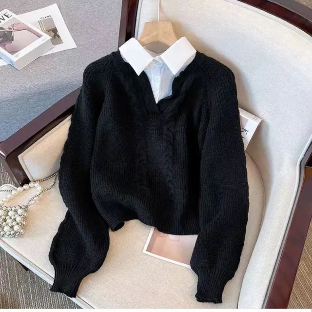 Fake Two Pieces Sweaters Autumn And Winter Women's Clothing Black - Shop at LoveMi