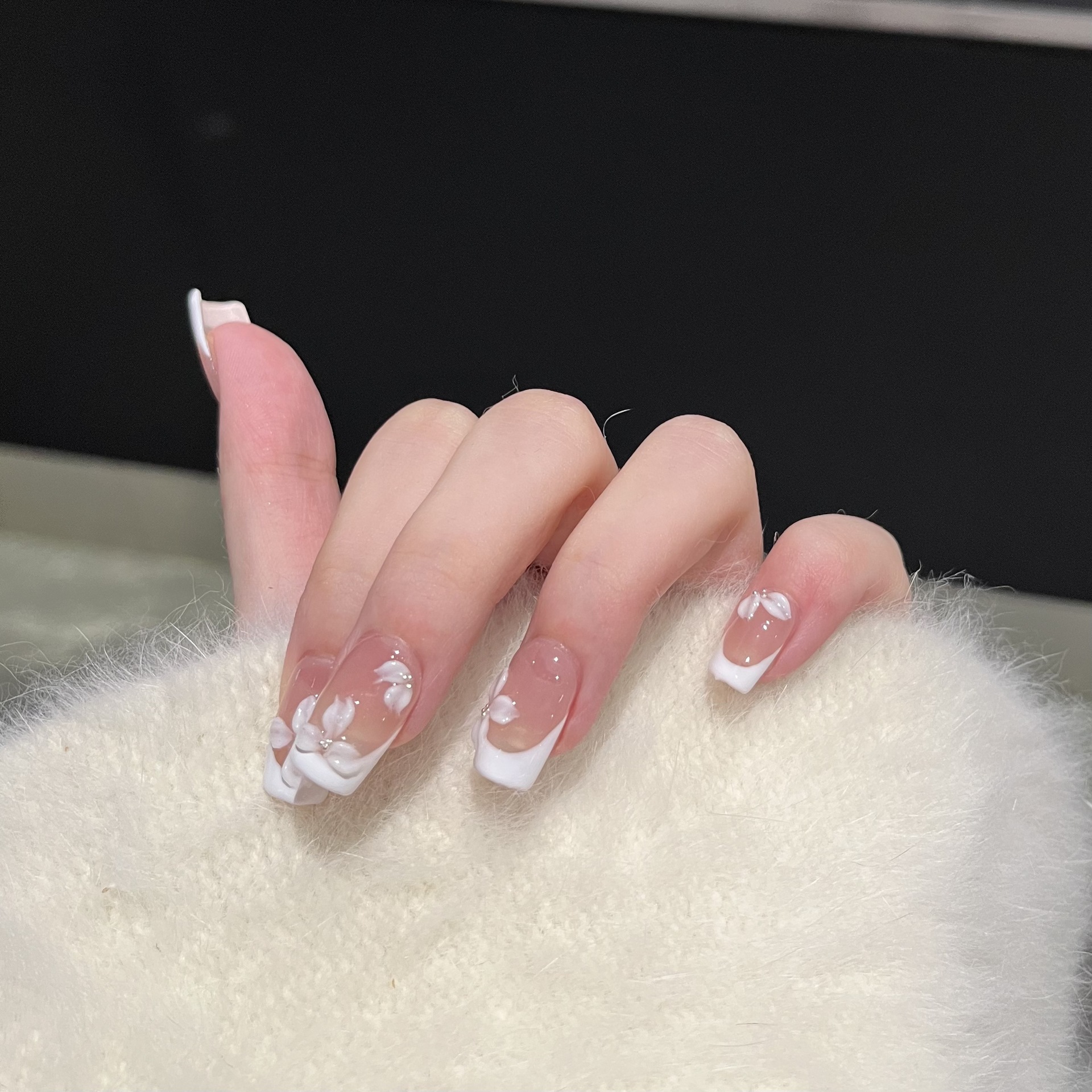 Handcrafted White French Nude Carved Nail Art