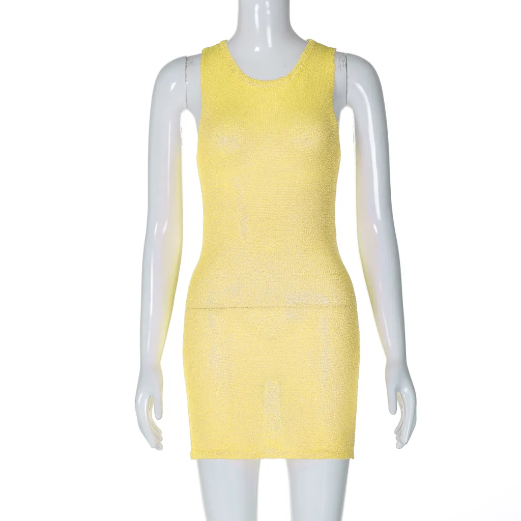 Fashionable Sexy Slim-fit Round-neck Sleeveless Knitted Dress - Yellow