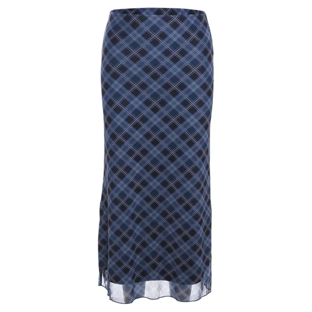 Preppy Style Retro Plaid Printed All matching Slim Fit High Waist Slit Skirt Blue - Shop at LoveMi