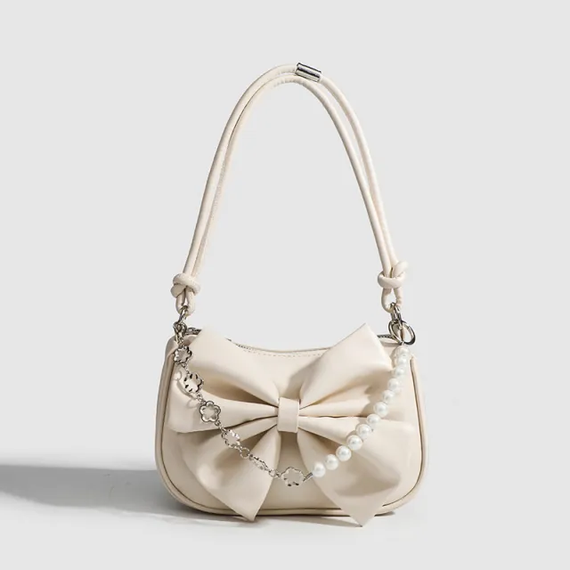 Black White PU Bow Handbags Autumn Winter Ladies Underarm Tote Bags Fashion Simple Pearl Chain Shoulder Bag Small Purse Beige - Shop at LoveMi