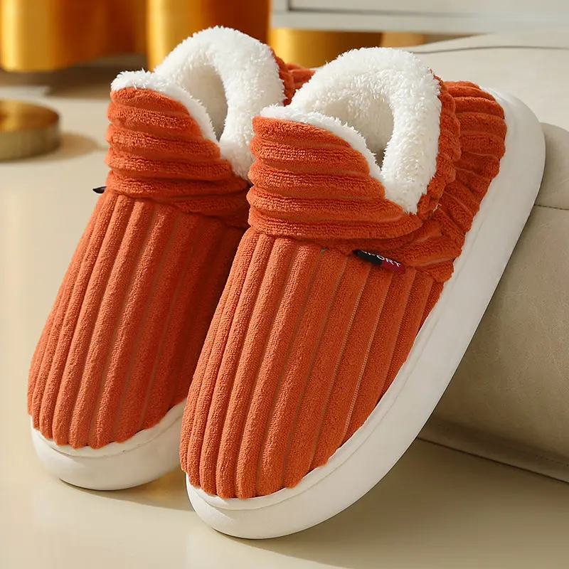 Winter Plush Home Shoes Fashion Solid Color Stripes Floor Bedroom Slippers