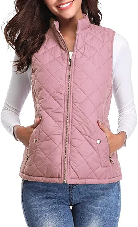 Women's Cotton Vest Stand Collar Zipper Pocket Warm Pink - Shop at LoveMi