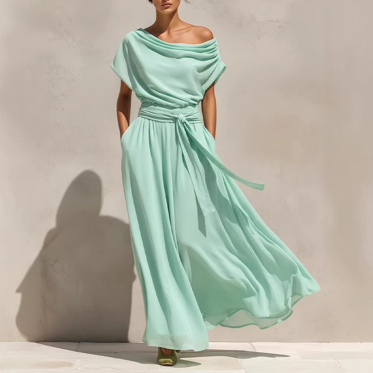 Short-sleeve Pleated Chiffon Waist-cinching Dress