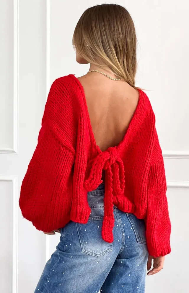 Short Thick Needle Bow Bandage Reverse Cardigan Jacket Red - Shop at LoveMi