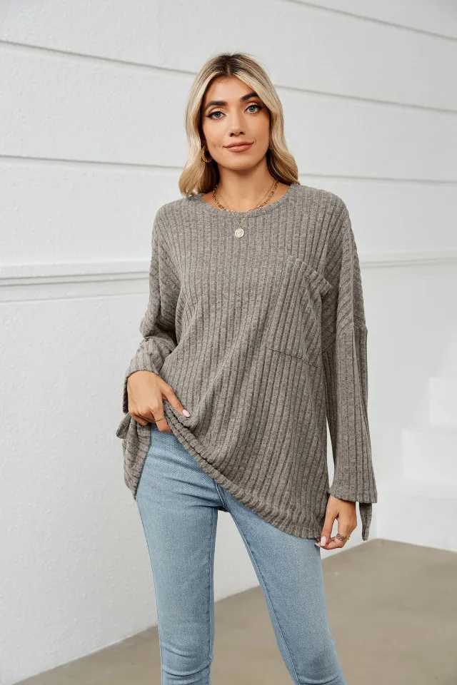 Women's Sunken Stripe Fleece Long sleeved T shirt Gray - Shop at LoveMi