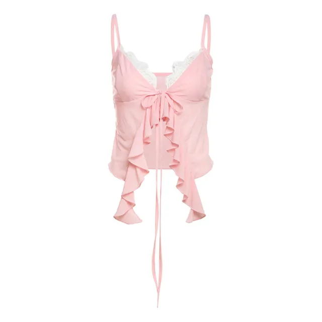 V neck Brace Contrast Color Lace Design Short Lace up Vest Pink - Shop at LoveMi