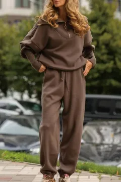 Long Sleeve Suit Zipper Lapel Top And Drawstring Trousers Fashion Casual Sports Clothing For Women - Brown - View 1