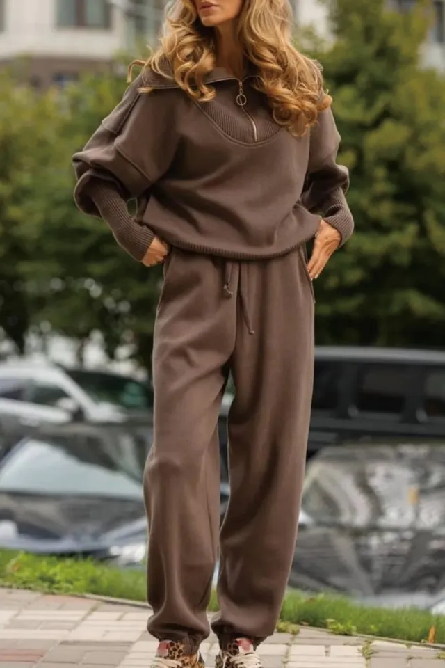 Long Sleeve Suit Zipper Lapel Top And Drawstring Trousers Fashion Casual Sports Clothing For Women Brown - Shop at LoveMi