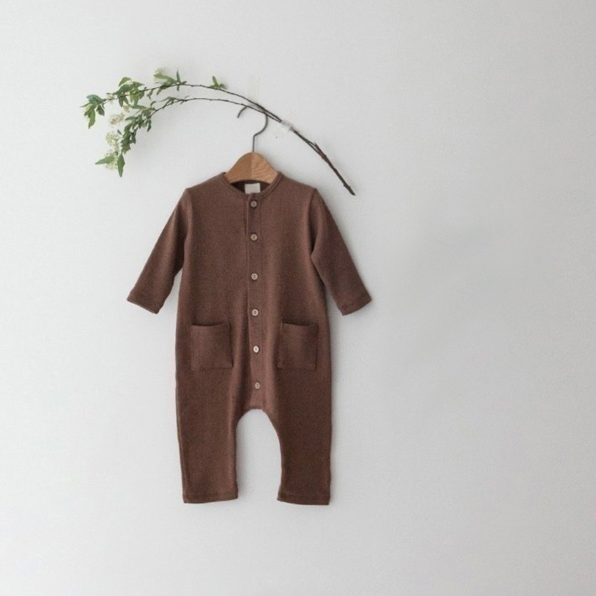 Solid-color Pocketed Chest-opening Baby Romper