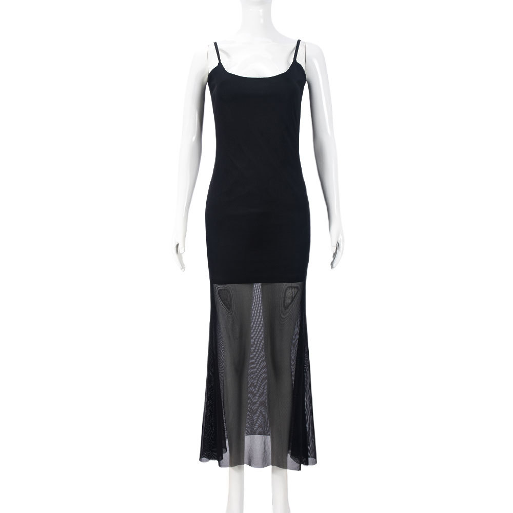 Cocktail Party Dinner High Mesh Double layer U collar Sling Slim Fit Dress Black - Shop at LoveMi