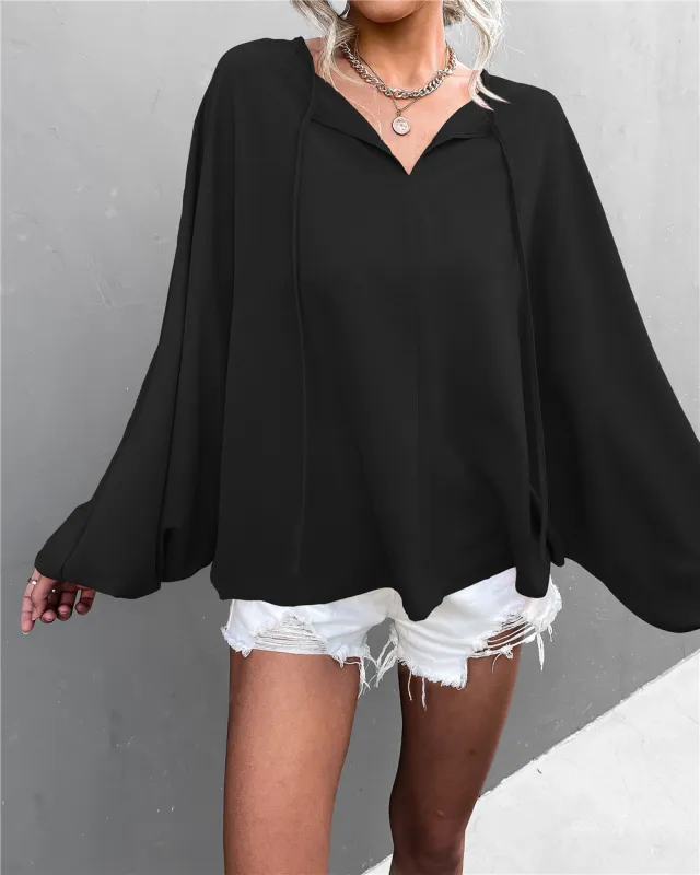 Lantern Sleeve Tied V neck Loose Casual Top Women Black - Shop at LoveMi
