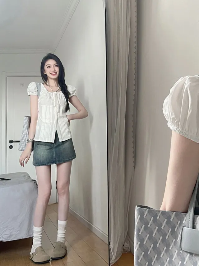 U collar Shirt Women's Shoulder Slim fit Short Puff Sleeve Shirt Beige - Shop at LoveMi