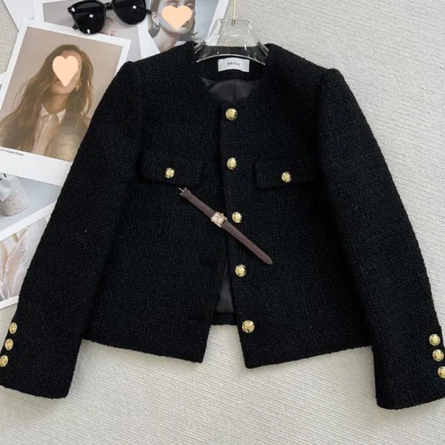 Women's French style Tweed O neck Short Coat Black With Lining - Shop at LoveMi
