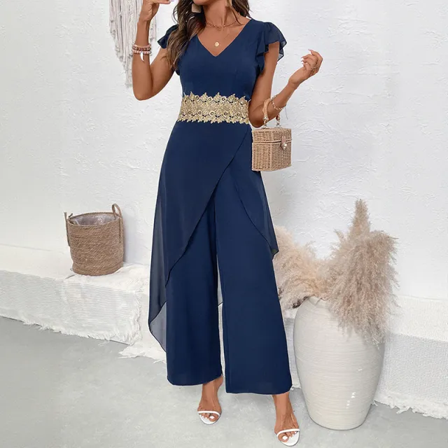 Lace V neck Stitching Women's Jumpsuit Blue - Shop at LoveMi