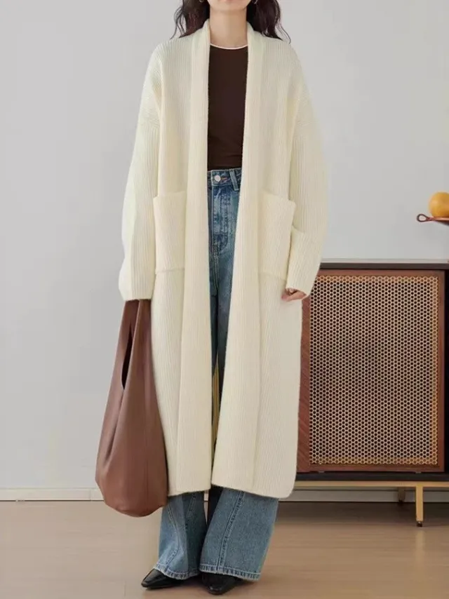 Women's Elegant Long Below The Knee Sweater Cardigan Beige - Shop at LoveMi