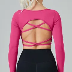 Quick Drying Clothes Outdoor Long Sleeve Cross Beauty Back Workout Clothes Sports Top - Rose - View 1