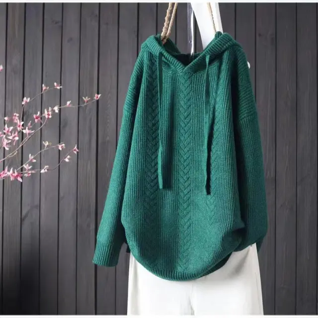 Solid Color Hooded Lacing Mid length Knitwear Sweater Green - Shop at LoveMi