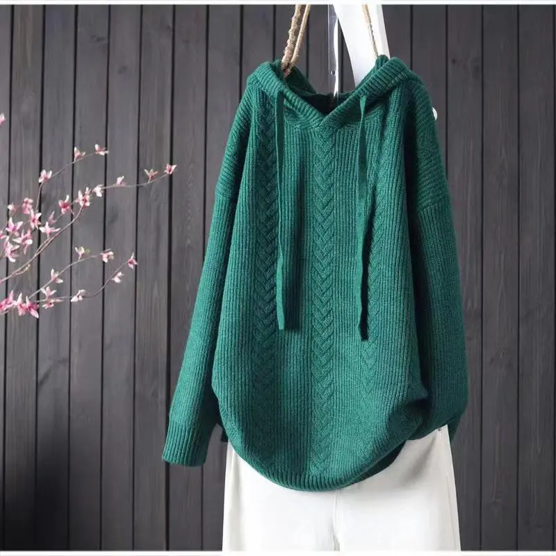 Solid Color Hooded Lacing Mid-length Knitwear Sweater - Green