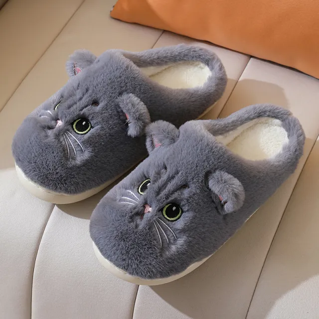 Autumn And Winter Cotton Slippers Men And Women Couple Kitty Cartoon Gray - Shop at LoveMi