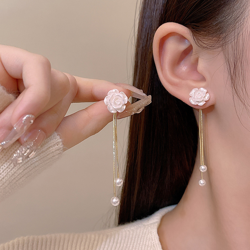 Elegant Tassel Earrings With Camellia Design For Women