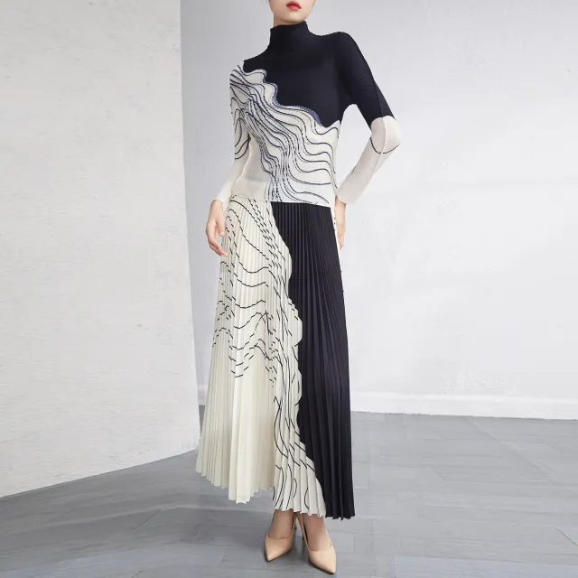 High grade Printed Curve Top Age reducing Skirt Suit Black Long Sleeve - Shop at LoveMi