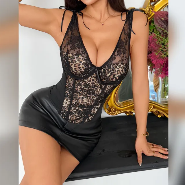 Leopard print Patchwork Lace Underwire Fishbone Bra With Chest Pads Black - Shop at LoveMi
