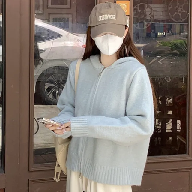 Women's Korean style Hooded Double Zipper Knitted Bottoming Shirt Blue - Shop at LoveMi
