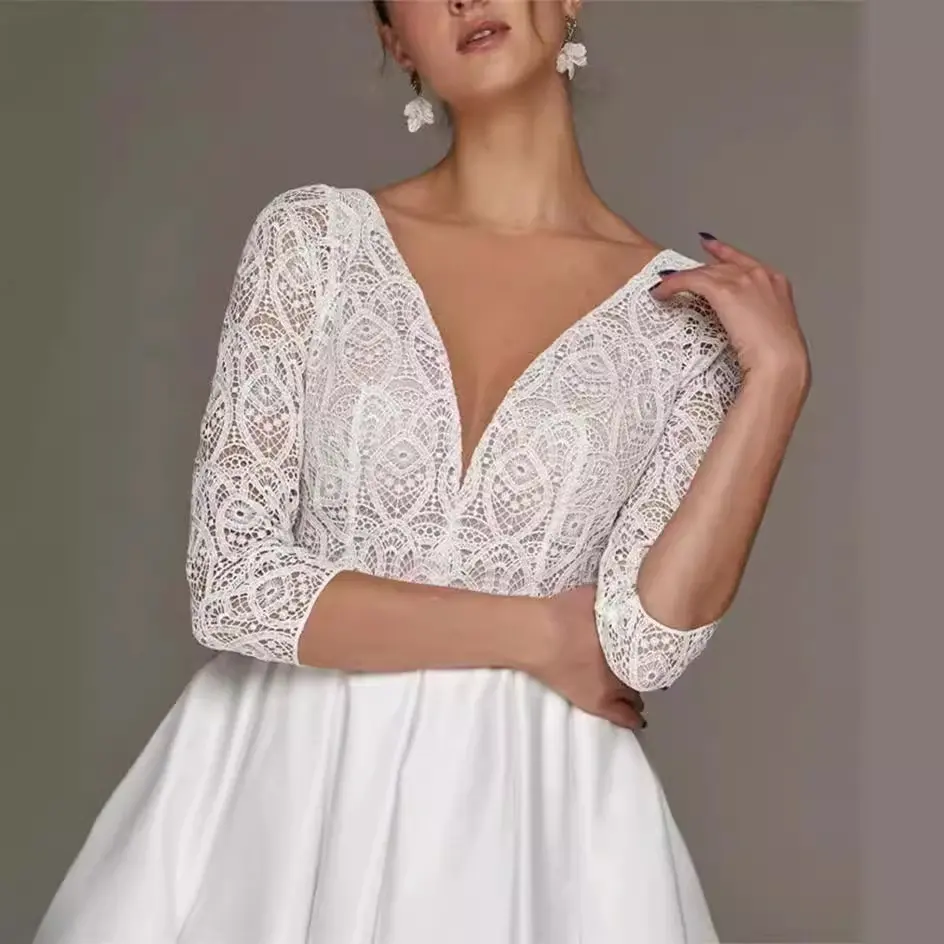Bridal Deep V-neck Slim Lace Mid-length Long Sleeve Wedding