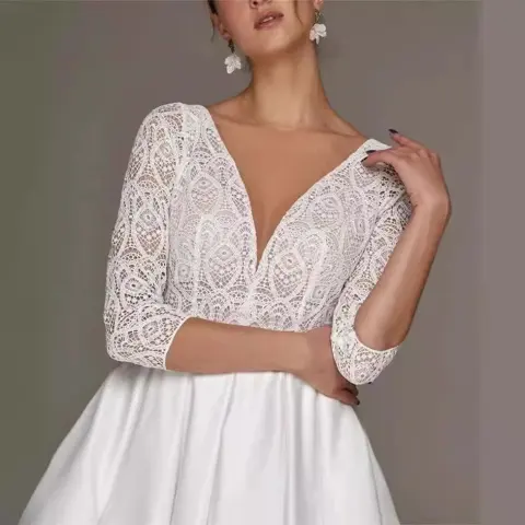 Bridal Deep V-neck Slim Lace Mid-length Long Sleeve Wedding