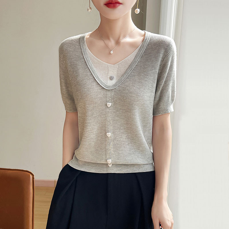 V-neck Faux Two-piece Tencel Short-sleeve Top