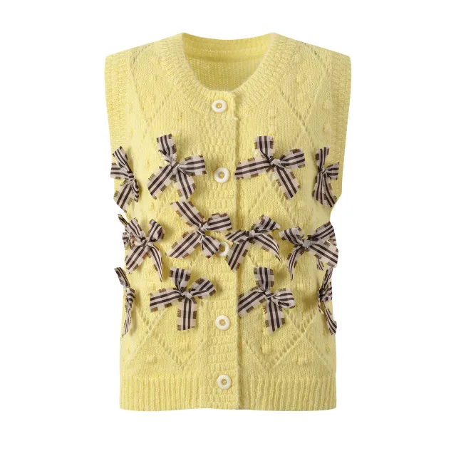 Women's Single breasted Knitted Vest Short Top With Bow Decoration Yellow - Shop at LoveMi
