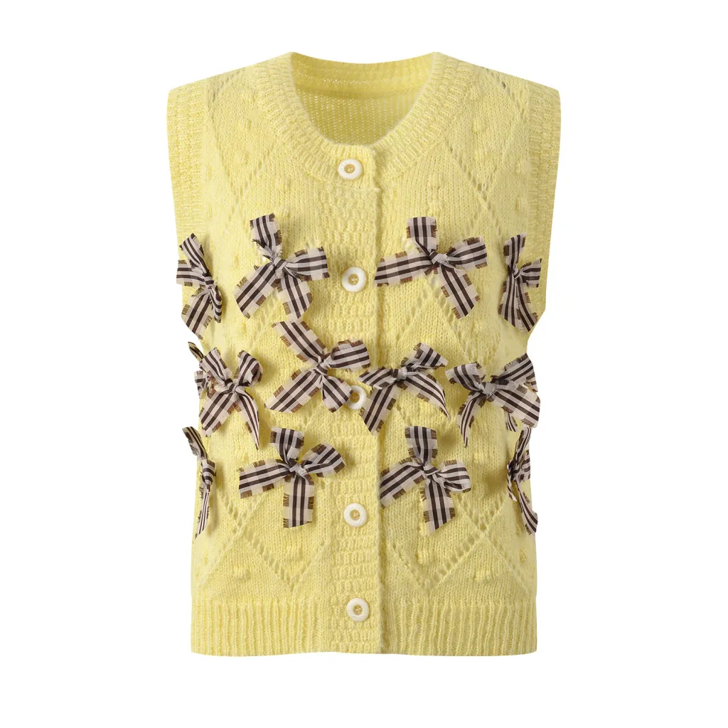 Women's Single-breasted Knitted Vest Short Top With Bow Decoration - Yellow
