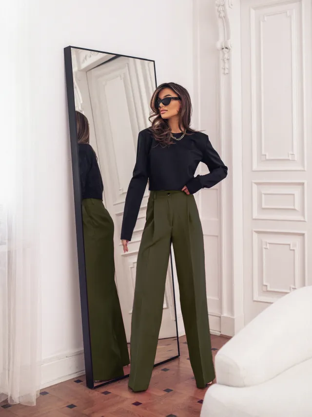 Casual Formal Wear Trousers Suit Wide Leg Pants Army Green - Shop at LoveMi