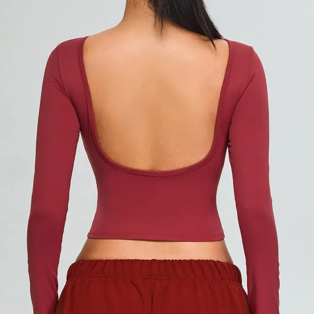 Autumn New Large U Back Yoga Clothes Long Sleeve Women's Short Sports Top Cherry Red - Shop at LoveMi