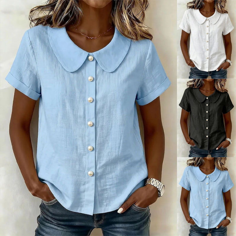 Womens Solid-Colored Short-Sleeve Casual Loose Cotton-Linen Shirt