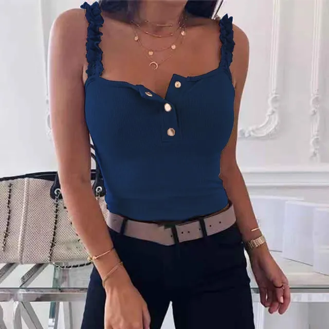 Summer Lace Band Solid Color Buttons Sling Top Blue - Shop at LoveMi