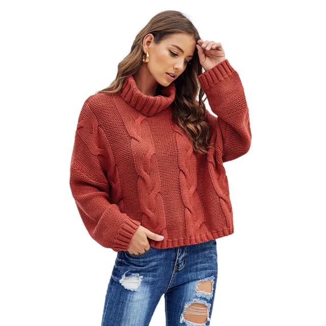 Thick Warm Sweater Women's Solid Color Turtleneck Loose Pullover Top Red - Shop at LoveMi