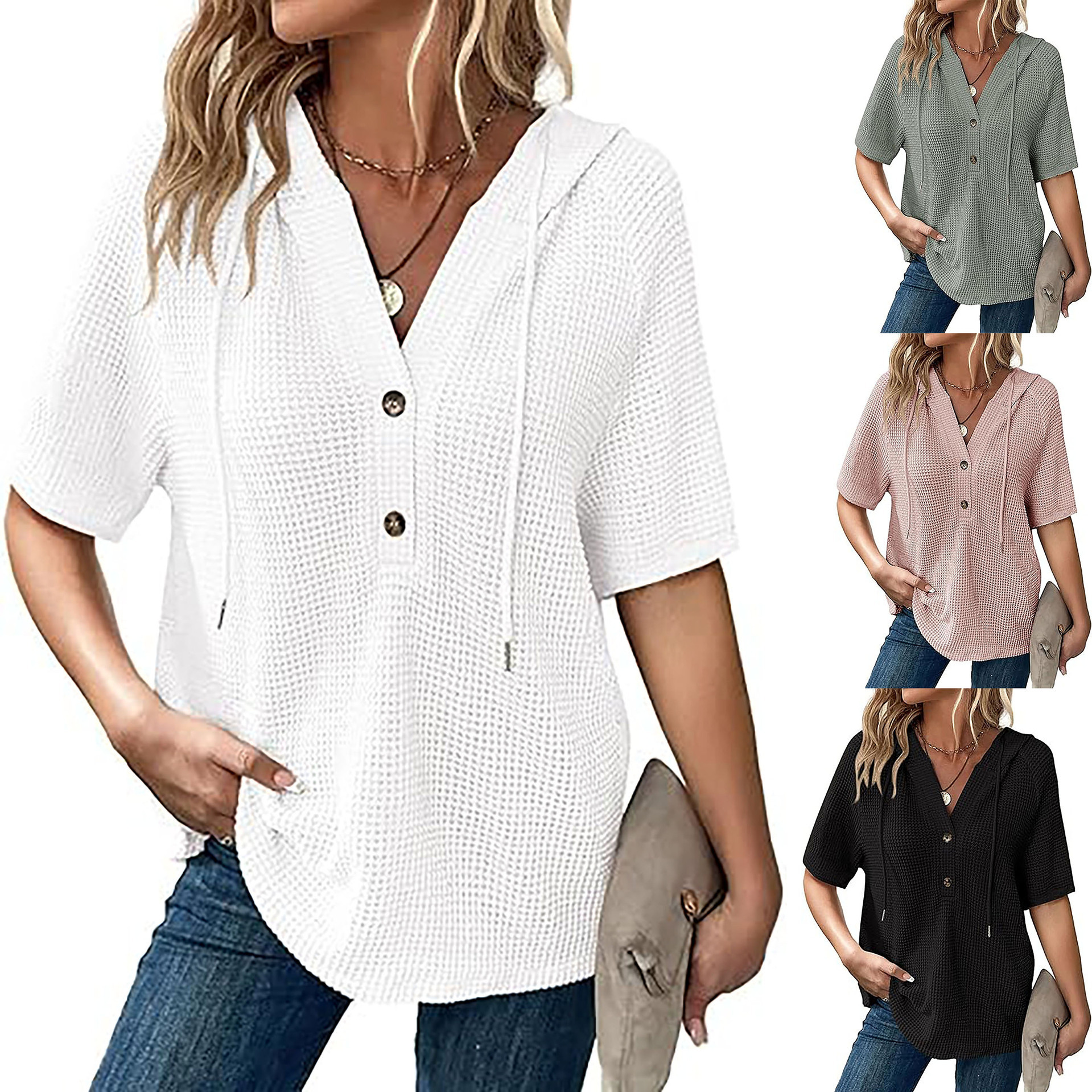 Lightweight Waffle-knit Short-sleeve Top For Summer