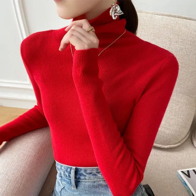 Slim Fit Turtleneck Base Thick Sweater For Women Red - Shop at LoveMi